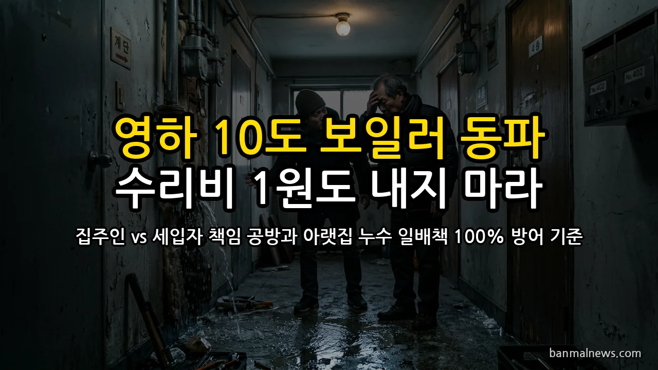 "영하 10도에 보일러 터졌는데 100만 원 내라?" 겨울철 보일러 동파 수리비 집주인 vs 세입자 책임 공방과 아랫집 누수 일배책 손해방지비용 100% 방어 4대 절대 기준