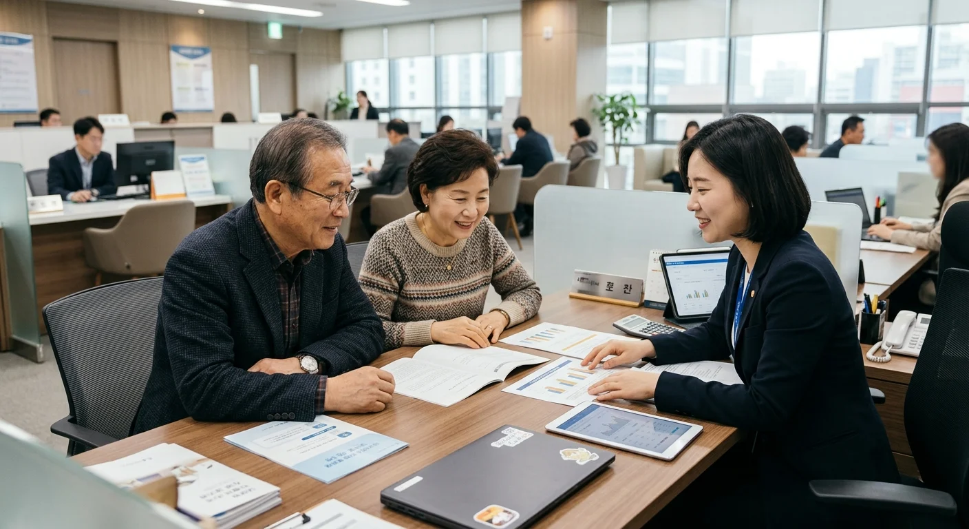 주택금융 상담 창구에서 은퇴 부부가 상담원과 함께 주택연금 보증 신청 서류와 연금 수령액을 확인하는 모습