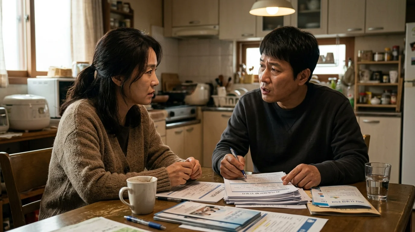 장기요양보험 등급 신청 서류를 놓고 상의하는 부모님 간병을 앞둔 자녀들