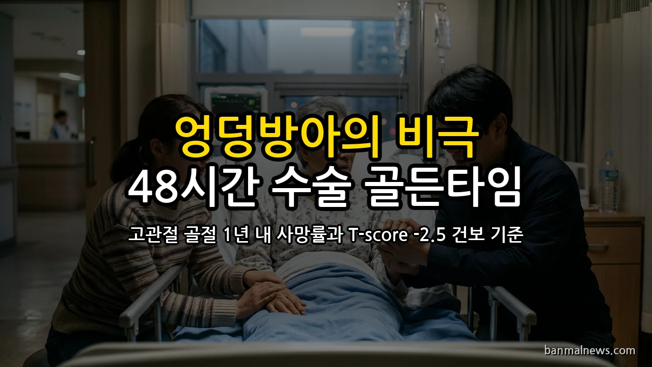 "엉덩방아 한번 찧었을 뿐인데 1년 내 사망?" 노인 고관절 골절 48시간 수술 골든타임과 골다공증 T-score -2.5 주사제 건보 급여 선택 절대 기준