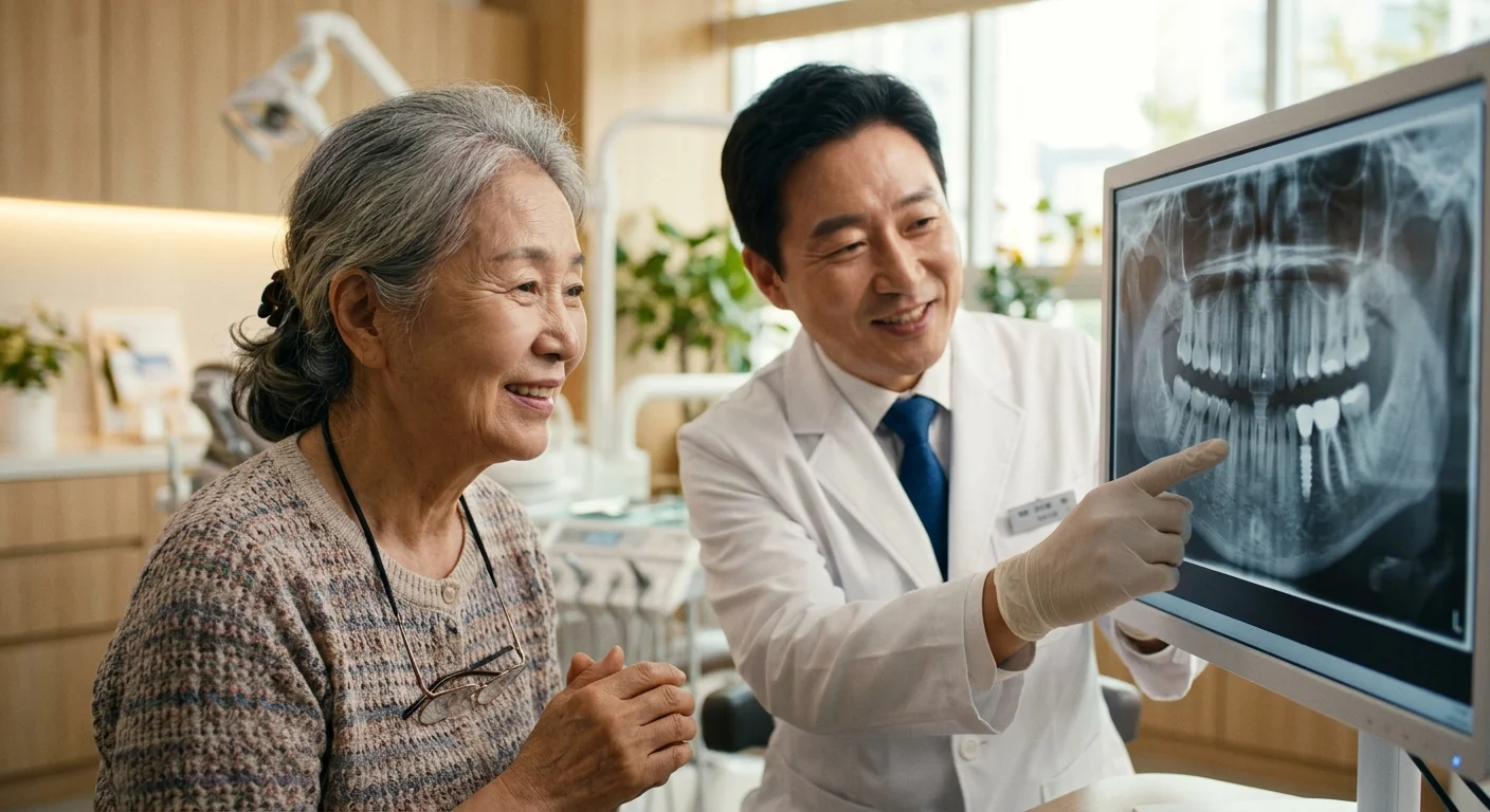 치과의사와 신뢰할 수 있는 진료실에서 파노라마 엑스레이 필름을 면밀히 판독하며 진료 계획을 세우는 모습