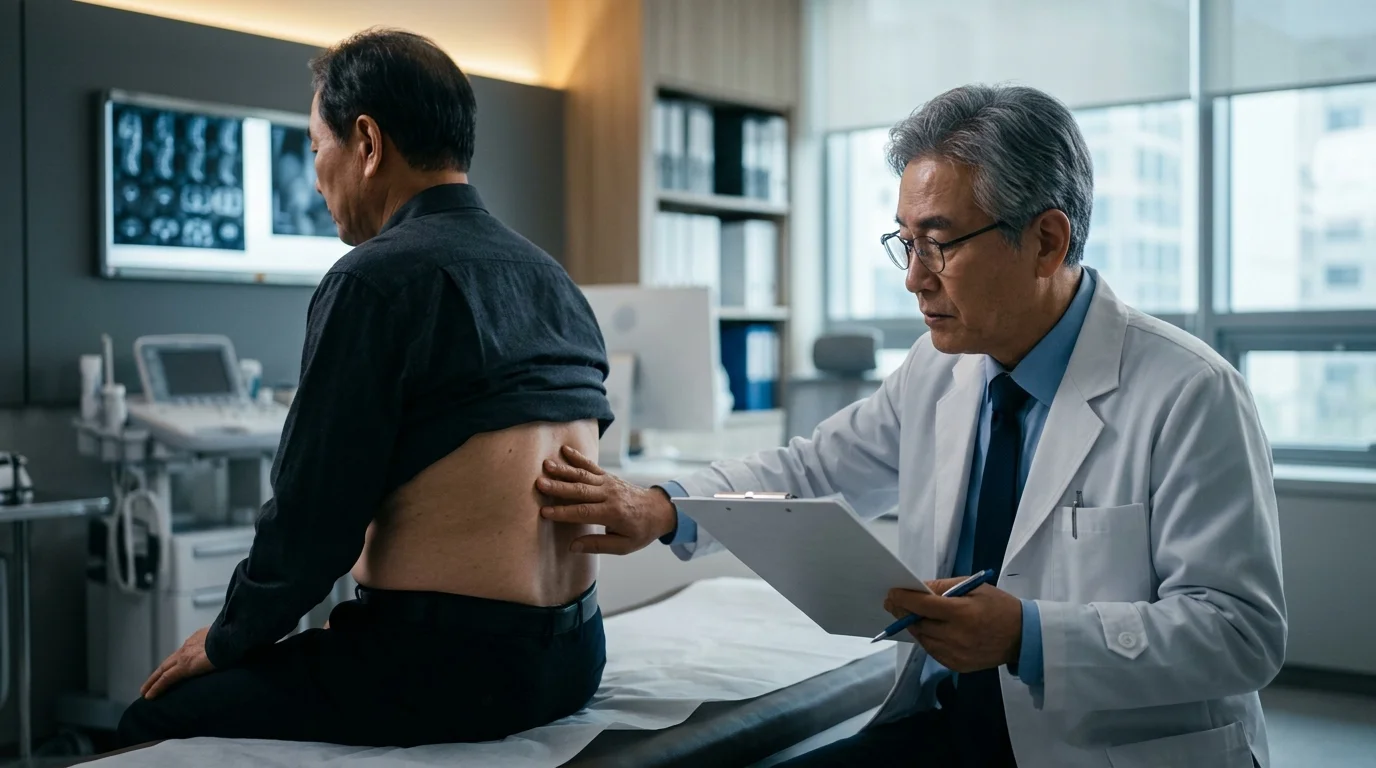 의사가 진료실에서 환자의 척추와 옆구리 신경 분절 피부 상태를 진찰하며 치료 계획을 설명하는 모습