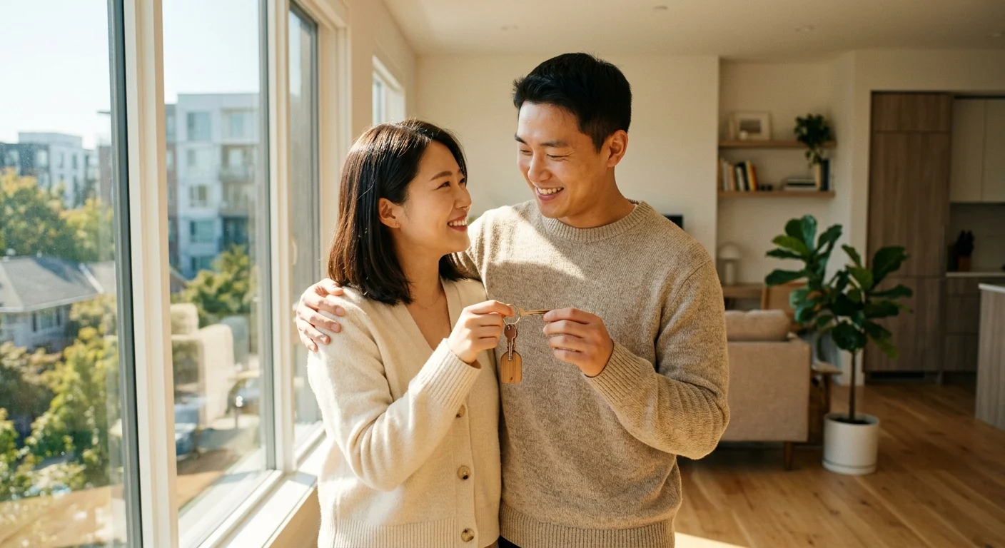 신탁등기 권리분석을 완벽히 마치고 안전한 주거를 확보하여 안도하는 세입자의 모습