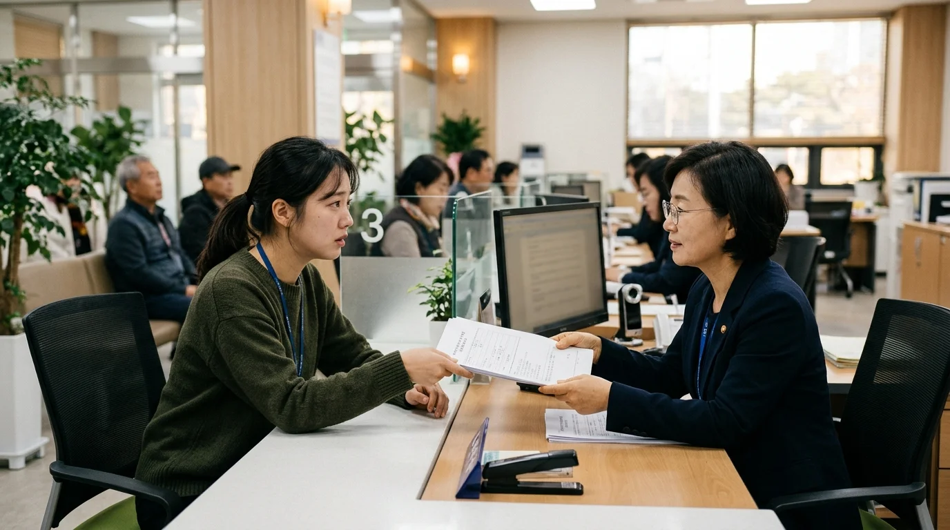 고용센터 창구에서 실업급여 수급자격 인정 서류를 접수하고 상담받는 직장인